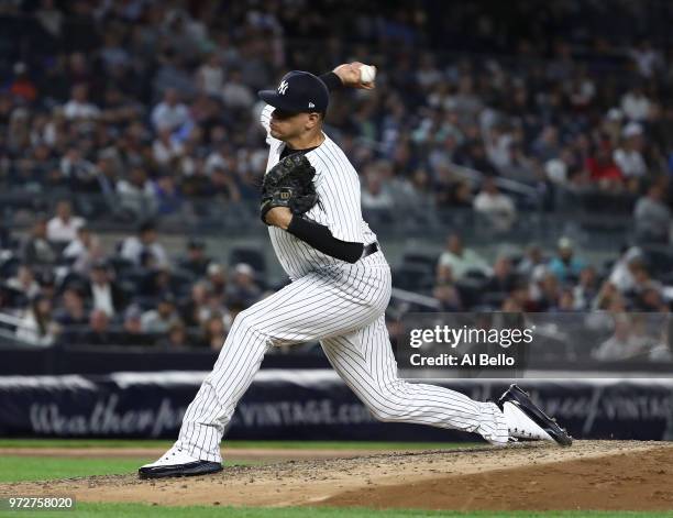 Dellin Betances of the New York Yankees pitches against the Washington Nationals during their game at Yankee Stadium on June 12, 2018 in New York...