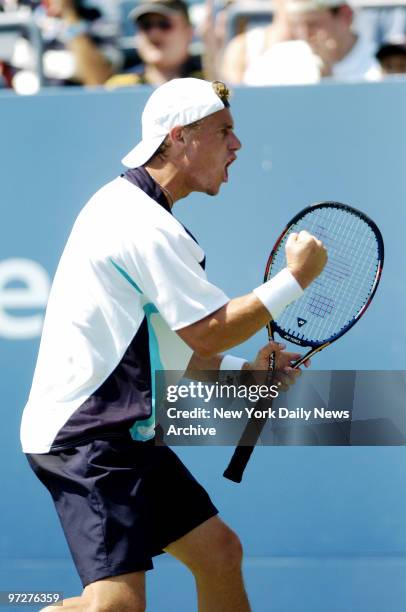 Lleyton Hewitt of Australia pumps his fist as he takes on Jose Acasuso of Argentina during second round play in the U.S. Open at Louis Armstrong...