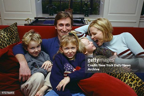 New York Rangers' Wayne Gretzky and wife Janet Jones at home with children Trevor, Pauline and Ty.