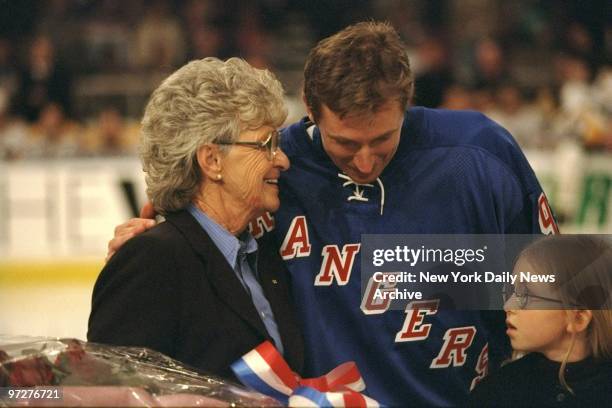 New York Rangers' Wayne Gretzky is joined by his mother and daughter during tribute to him at Madison Square Garden. The hockey great had just...