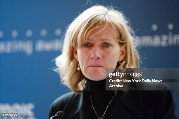 New York Road Runners President and CEO Mary Wittenberg announces the death of Runner Ryan Shea during a press conference at the Media Center for the...