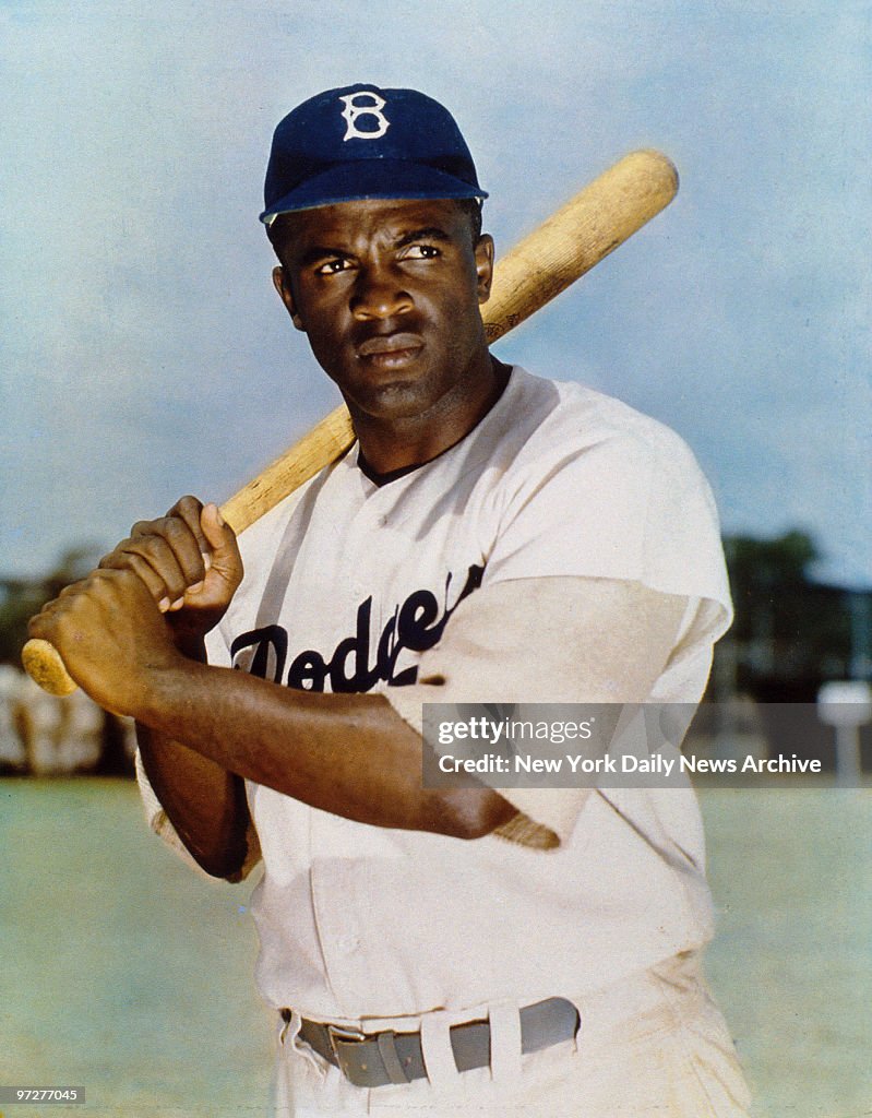 Jackie Robinson in Brooklyn Dodgers' uniform.