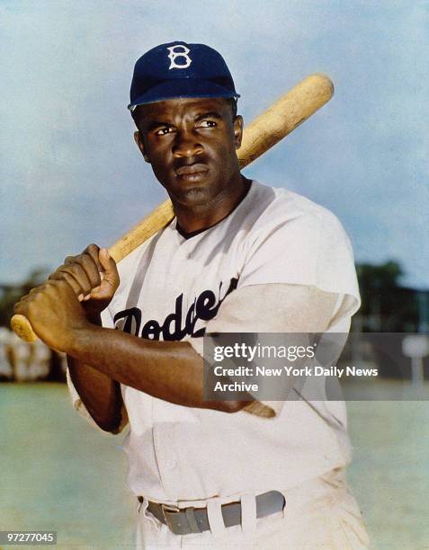 Jackie Robinson in Brooklyn Dodgers' uniform.