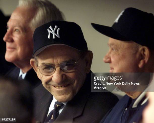 Yankees vs Detroit Tigers on opening day of the 1999 season at Yankee Stadium. Yogi Berra sits in dugout before ceremonies with Don Zimmer.