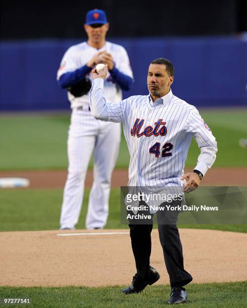 New York State governor David Paterson throws out the ceremonial first pitch before the game between the New York Mets and the Washington Nationals...