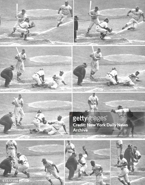 Jackie Robinson, with two out in the eighth inning and the Dodgers trailing, 6-4, in the Series opener at the Stadium, tries to steal home. Frank...