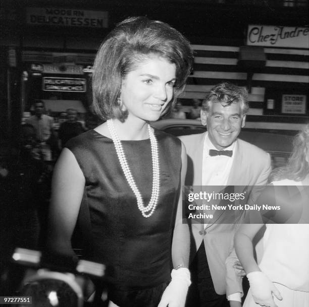 Jacqueline Kennedy and Leonard Bernstein at the opening of Bernstein's "Theatre Songs" at the theatre De Lys, 121 Christopher St.