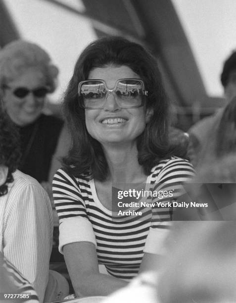 Jacqueline Kennedy attending the annual RFK tennis soiree, 1977.