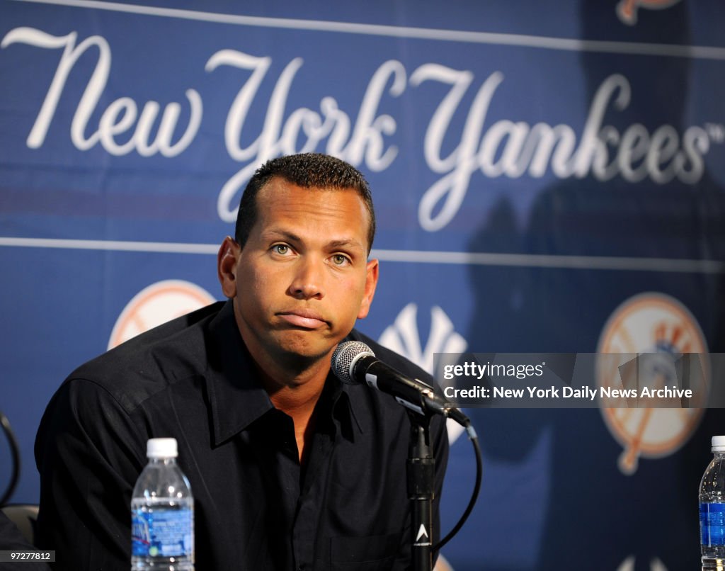 New York Yankees 3rd baseman Alex Rodriguez addresses the me