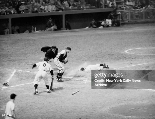 Flea Bites Dust. Rizzuto, known familiarly as Scooter, gets a snootful of dust as he slides into the plate safely in the 1st. A's Murray takes late...