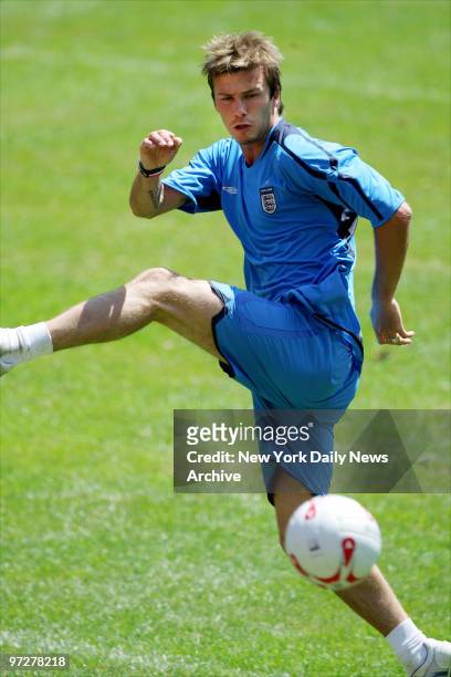 British soccer star David Beckham of the England National Team practices at Giants Stadium for a May 31 match against the Colombian National Team.