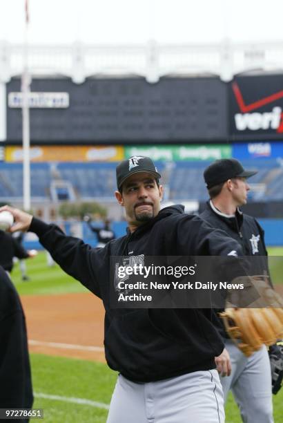 Florida Marlins' infielder Mike Lowell practices at Yankee Stadium a day before the National League champions take on the New York Yankees in Game 1...