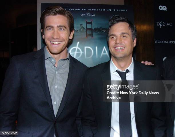 Jake Gyllenhaal and Mark Ruffalo are at the Tribeca Grand Hotel screening room for the Cinema Society's screening of the movie "Zodiac." The star in...