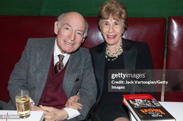 Portrait of American Jazz promoter George Wein and nightclub owner Lorraine Gordon as they pose together at a party for Gordon's book of memoirs at...