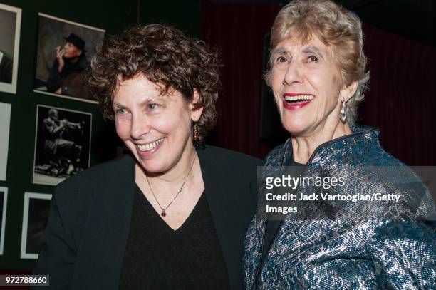 View of Deborah Gordon and her mother, American Jazz music advocate and nightclub owner Lorraine Gordon , as they share a laugh at the 75th...