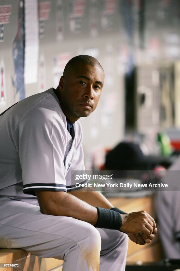 New York Yankees' Bernie Williams sits in the dugout at Ange