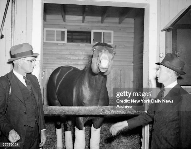Seabiscuit smiles for trainer Tom Smith (l.) and jockey "Red, News Photo