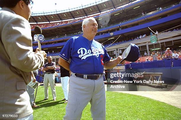 Los Angeles Dodgers' manager Tommy Lasorda on hand at Shea Stadium before a game against the New York Mets.