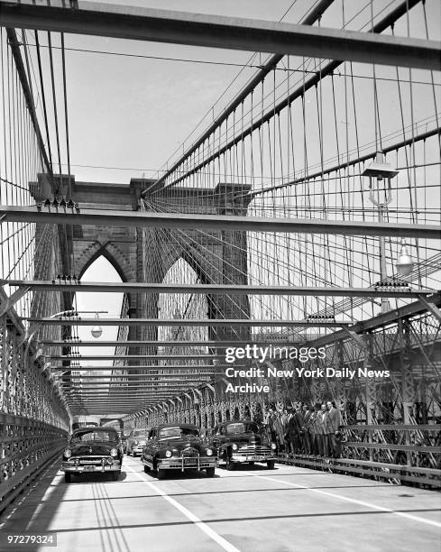 Brody Wouldn't Know It., Remodeled south roadway of Brooklyn Bridge, now three lanes wide, is opened as first cars cross yesterday. North roadway,...