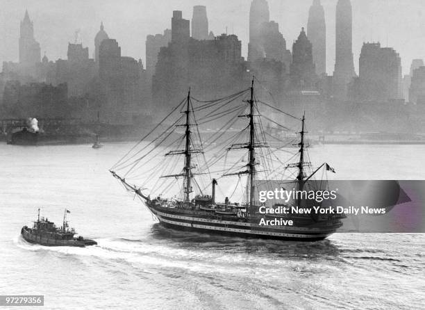 The Italian training ship Amerigo Vespucci sails past New York's skyline. The 330-foot three-masted ship arrived for a 10-day stay before continuing...