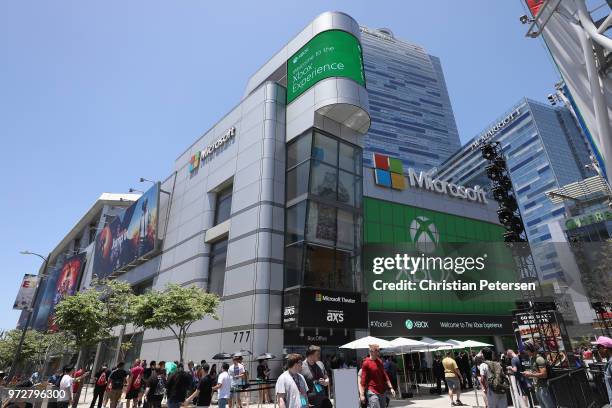 Game enthusiasts and industry personnel gather outside of the Microsoft Theater for the 'XBox' experience during the Electronic Entertainment Expo E3...