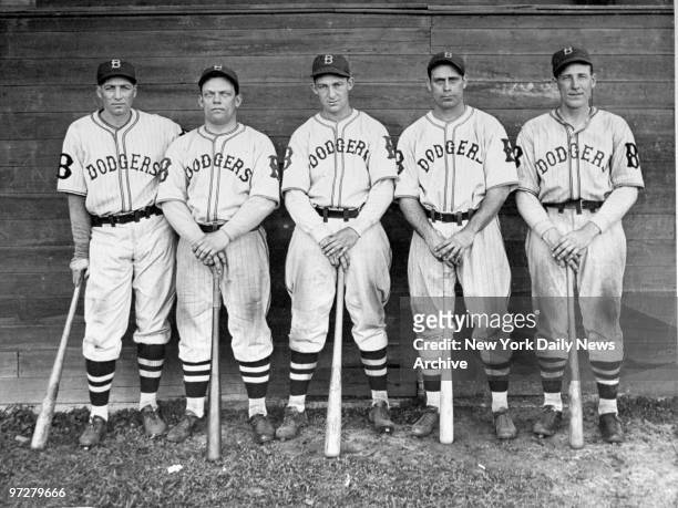 Brooklyn Dodgers' outfielders John Frederick, Dan Taylor, Ralph Boyle, Glenn Chapman and Leonard Koenecke.