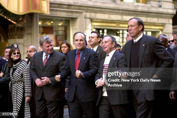 Luminaries lead the Columbus Day Parade up Fifth Ave. From left are, the mayor's friend Judithi Nathan; Fire Commissioner Thomas Von Essen; Mayor...