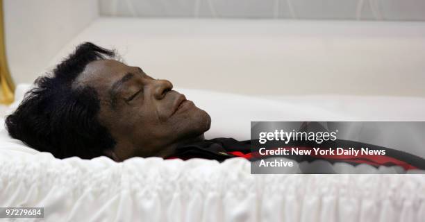 James Brown's body, clad in a black diamond-studded jacket, red shirt, black pants and silver-tipped shoes, lies in repose inside a gold coffin as...