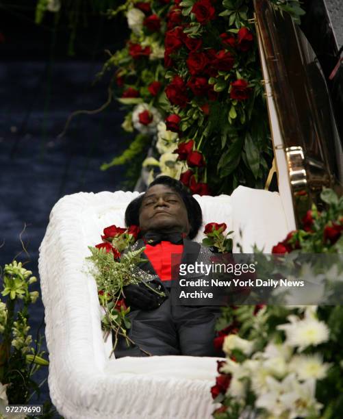 James Brown's body, clad in a black diamond-studded jacket, red shirt, black pants and silver-tipped shoes, lies in repose inside a gold coffin as...