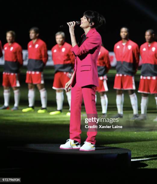 Nolwenn Leroy perform the French national anthem before the Friendly match between France 98 and FIFA 98 at U Arena on June 12, 2018 in Nanterre near...