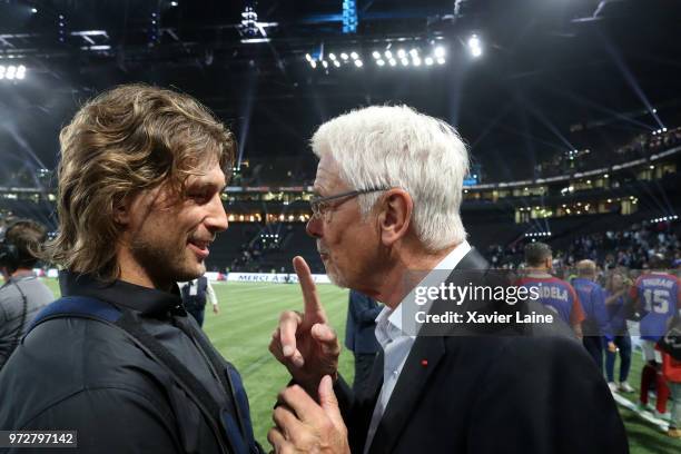 Dimitri Szarzewski and Aime Jacquet of France 98 react during the Friendly match between France 98 and FIFA 98 at U Arena on June 12, 2018 in...