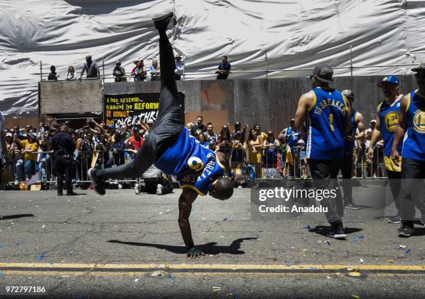 Member of the Golden State Warriors dance team, the Golden State Breakers, performs during the Golden State Warriors NBA Championship Victory Parade...