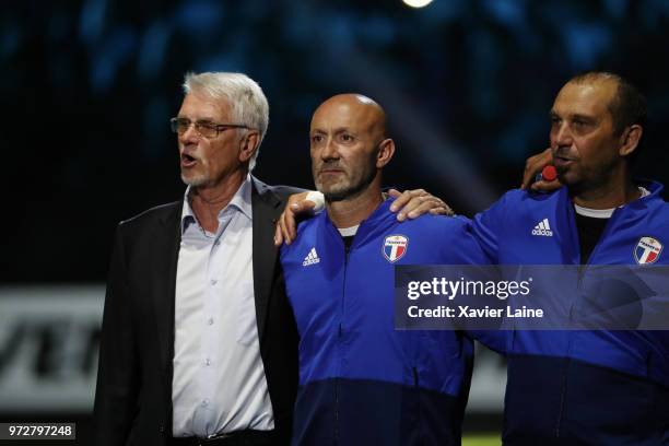 Aime Jacquet, Fabien Barthez and Lionel Charbonnier of France pose before the Friendly match between France 98 and FIFA 98 at U Arena on June 12,...