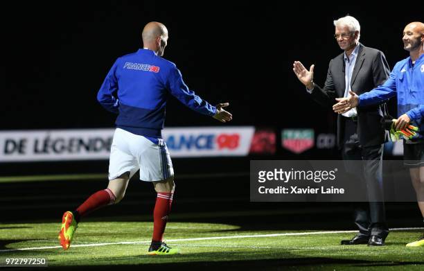 Zinedine Zidane of France react with Aime Jacquet and Fabien Barthez during the Friendly match between France 98 and FIFA 98 at U Arena on June 12,...