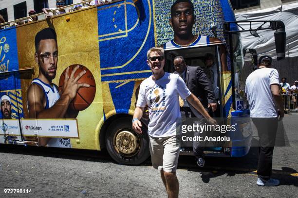 Head Coach Steve Kerr of the Golden State Warriors exits his bus to interact with fans during the Golden State Warriors NBA Championship Victory...