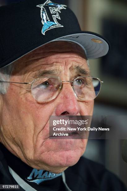 Florida Marlins' manager Jack McKeon speaks to media at news conference as his team prepares to take on the New York Yankees in Game 1 of the World...