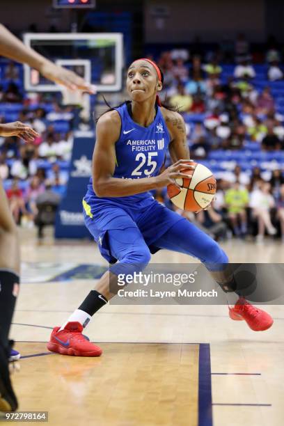 Glory Johnson of the Dallas Wings handles the ball against the Phoenix Mercury on June 12, 2018 at the College Park Center in Arlington, Texas. NOTE...