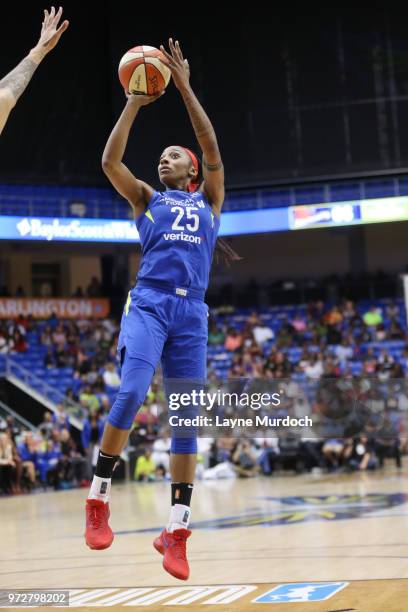 Glory Johnson of the Dallas Wings shoots the ball against the Phoenix Mercury on June 12, 2018 at the College Park Center in Arlington, Texas. NOTE...