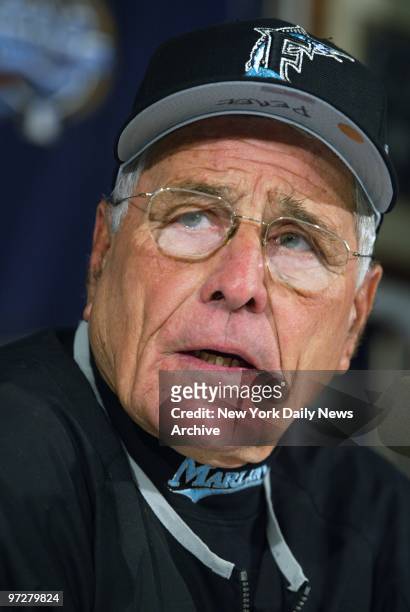 Florida Marlins' manager Jack McKeon speaks to media at news conference as his team prepares to take on the New York Yankees in Game 1 of the World...