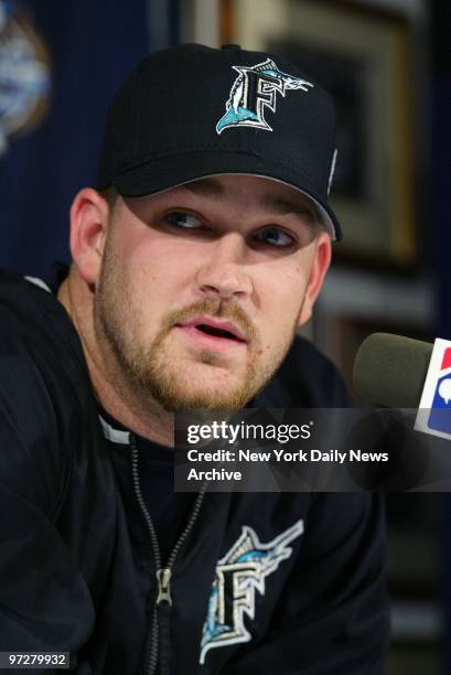 Florida Marlins' pitcher Brad Penny speaks to media at news conference at Yankee Stadium on the day before he faces New York Yankees' David Wells in...