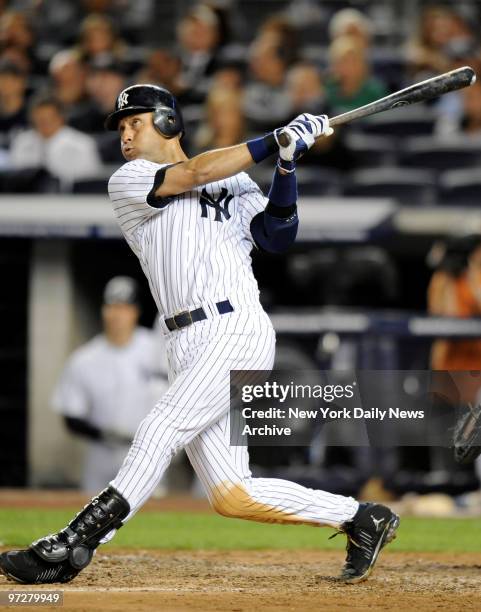 New York Yankees against the Minnesota Twins in Game 1 of the American League Division Series at Yankee Stadlium. Derek Jeter 2 run home run in the...