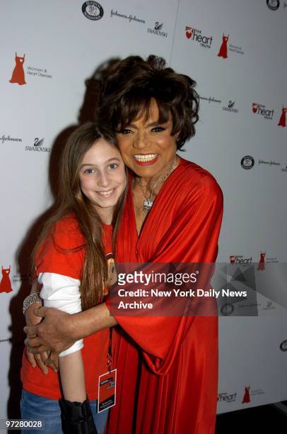 The legendary Eartha Kitt clad in a crimson Kai Milla gown, hugs her granddaughter, Rachel, backstage during the 2006 Heart Truth Red Dress...