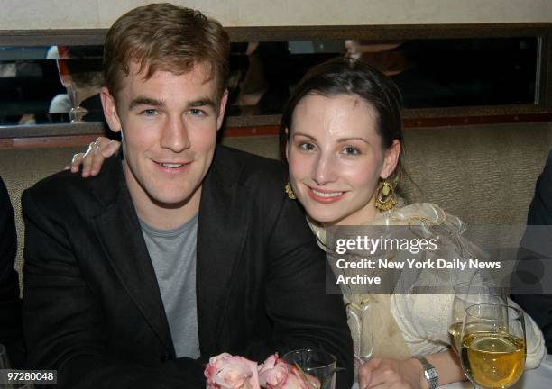 James Van Der Beek and fiancee Heather McComb are at the opening night party for "Rain Dance" at the West Bank Cafe. He stars in the play.