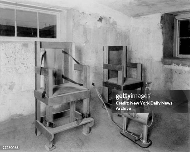 The lethal gas chamber in the Carson City, Nev., prison. Note death chair, gas container, and windows through which witnesses watch condemned die.