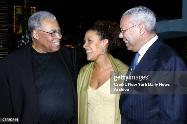 James Earl Jones shares a laugh with co-star Linda Powell and her father, Colin, as they arrive at the Blue Fin restaurant for the opening night...