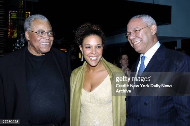 James Earl Jones shares a laugh with co-star Linda Powell and her father, Colin, as they arrive at the Blue Fin restaurant for the opening night...