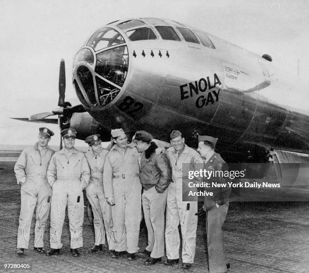 Crew of the Enola Gay, the infamous B-29 plane from which the first atom bomb was dropped. Major Thomas W. Ferebee, Col. Paul W. Tibbetts Jr., Major...