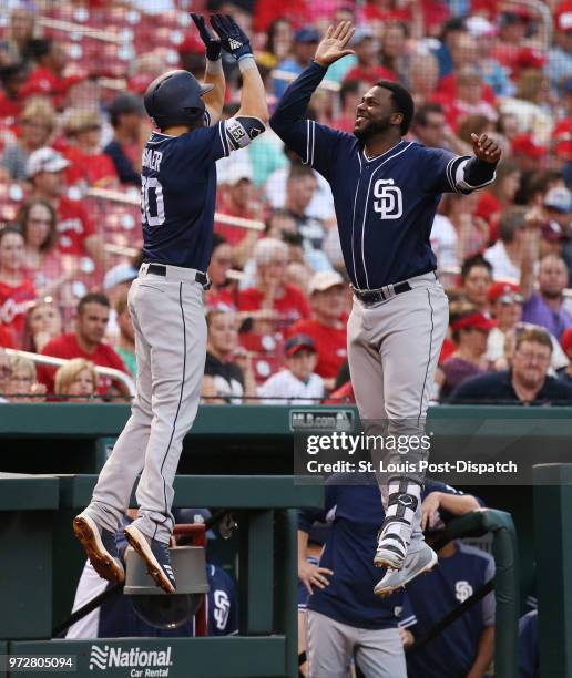 The San Diego Padres' Eric Hosmer, left, celebrates with teammate Franmil Reyes after hitting a solo home run in the fourth inning against the St....