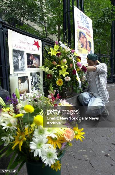 Flowers are placed at a spontaneous memorial to actress Katharine Hepburn at Dag Hammarskjold Plaza, where a garden is dedicated to her. She died...