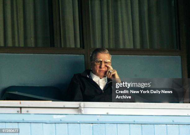 Yankees vs Cleveland Indians at Yankee Stadium.Yankees owner George Steinbrenner sits in his luxury box and watches batting practice